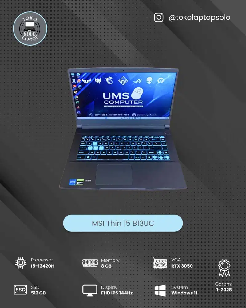 MSI THIN 15 B13UC I5 13420H Ram 8GB SSD 512GB RTX 3050 FHD 144HZ