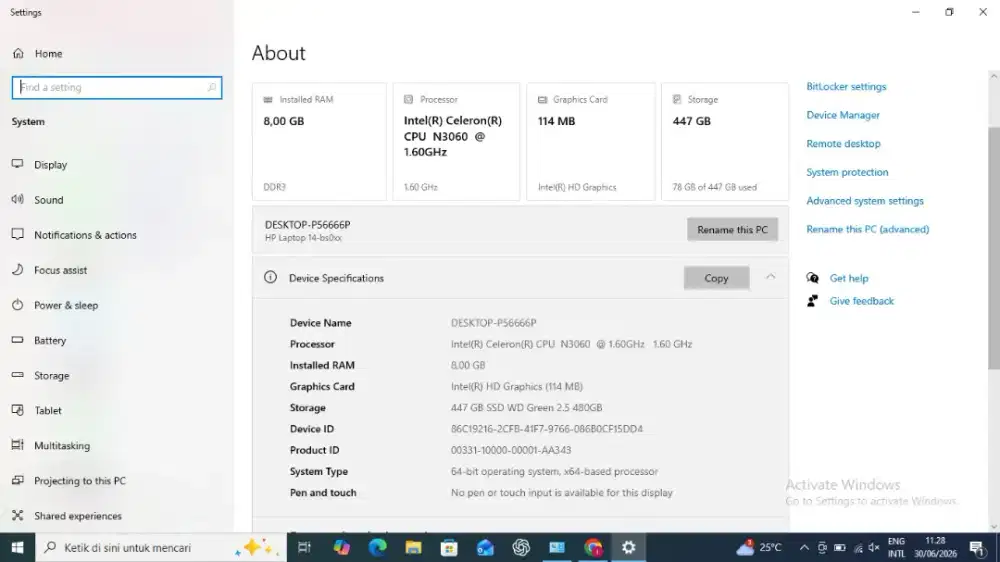 Laptop HP 14 bs0xx Upgrade SSD WD Green 2.5 480 Gb & RAM 8Gb
