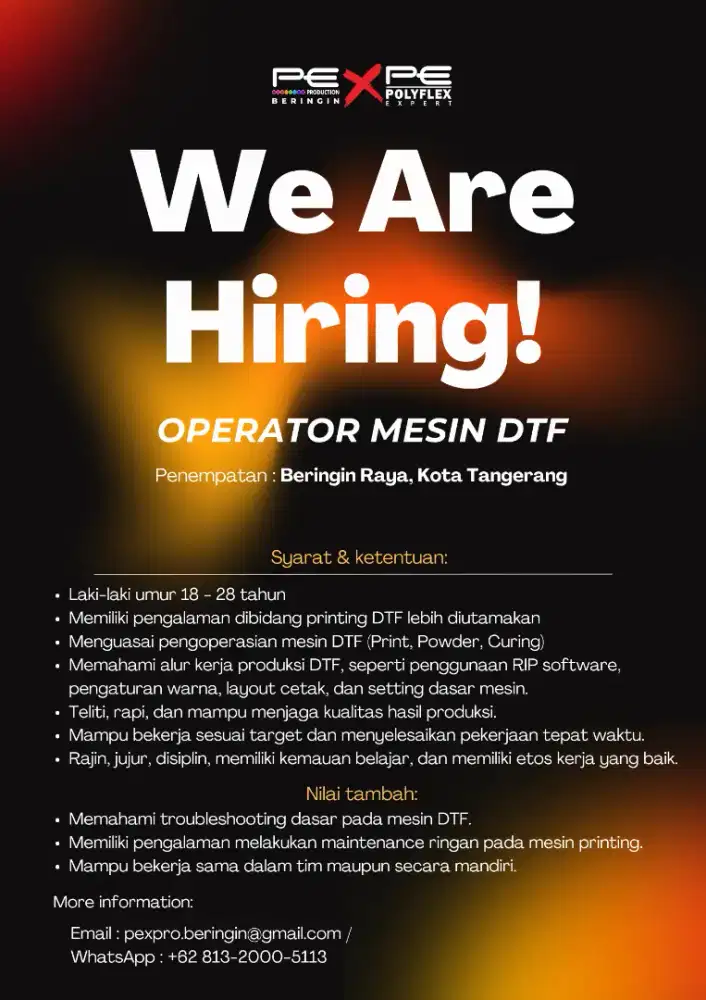 LOWONGAN KERJA – OPERATOR MESIN DTF (PRINTING)