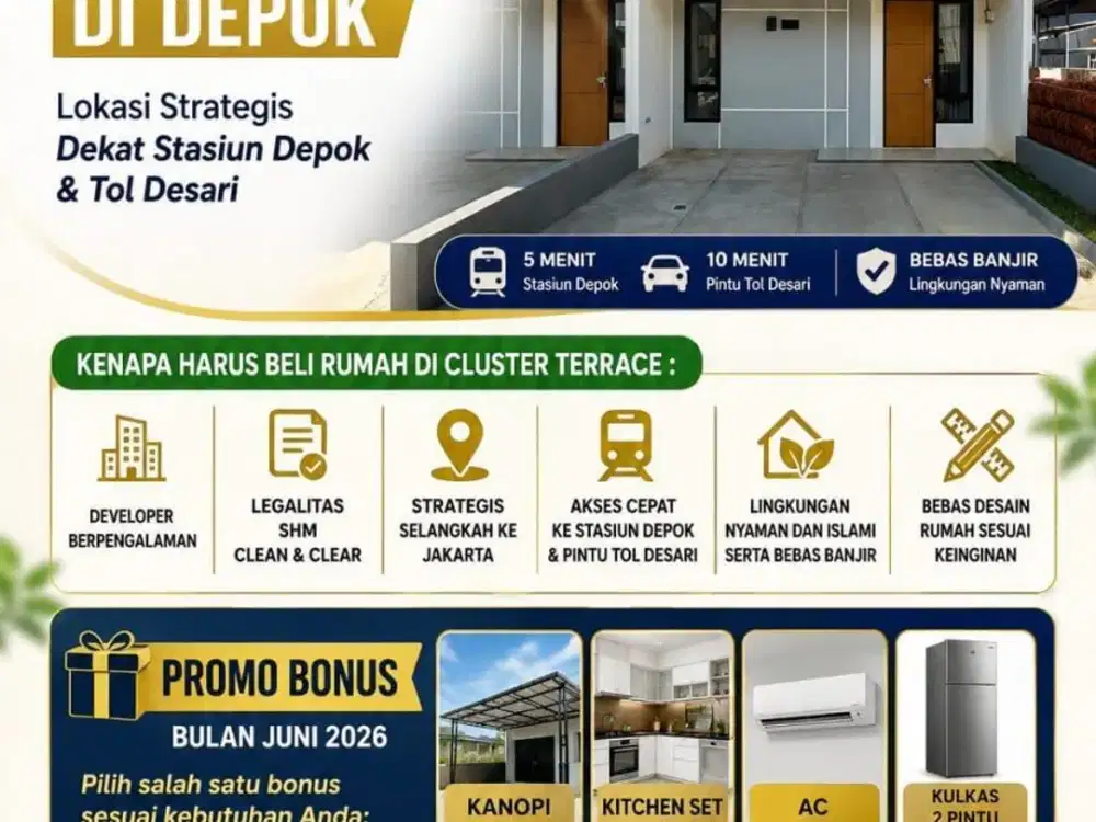 JUAL RUMAH ISLAMI SIAP HUNI MODERN DI DEPOK LOKASI STRATEGIS DEKAT STASIUN DEPOK & TOL DESARI