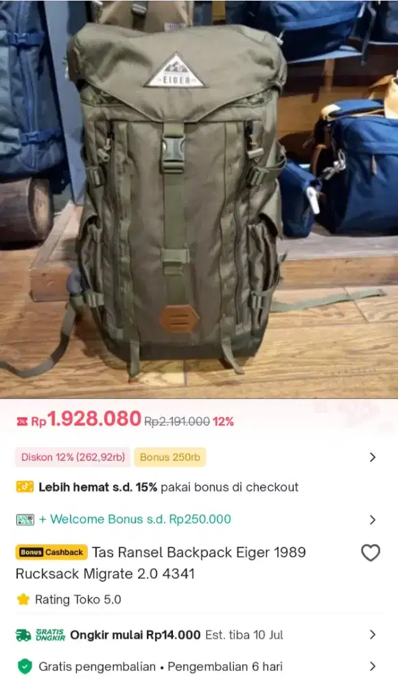 Tas Ransel Carrier Eiger Rucksack 35L Kondisi Baru