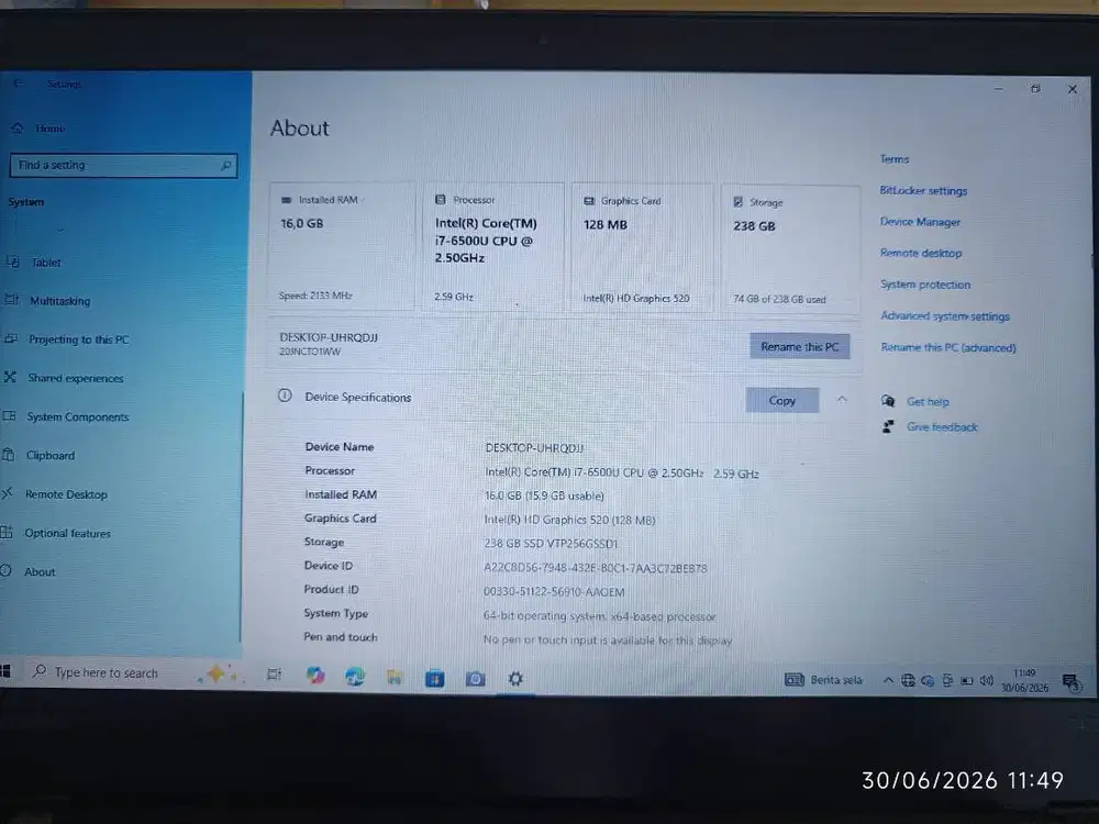 Laptop Lenovo RAM 16GB SSD 256GB Core i7