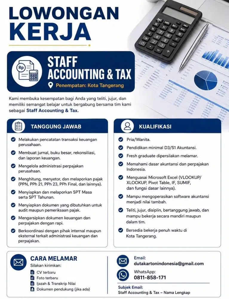 LOWONGAN KERJA  STAFF ACCOUNTING & TAX