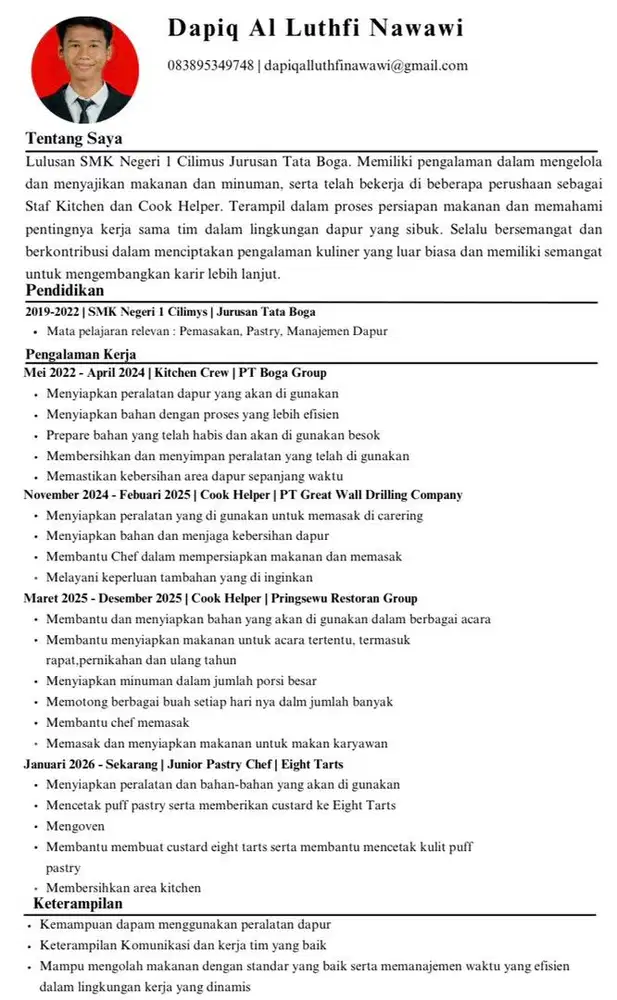 Mencari Pekerjaan Cook Helper/Cook/Staff Kitchen/Crew Kitchen