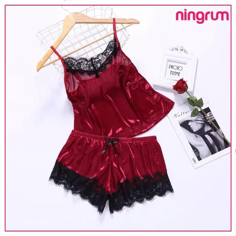 Baju tidur Piyama Dress Set Lingerie Cami Top Dan Hotpants Sleepwear