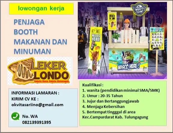 LOWONGAN KERJA PENJAGA BOOTH MAKANAN DAN MINUMAN DI CAMPURDARAT