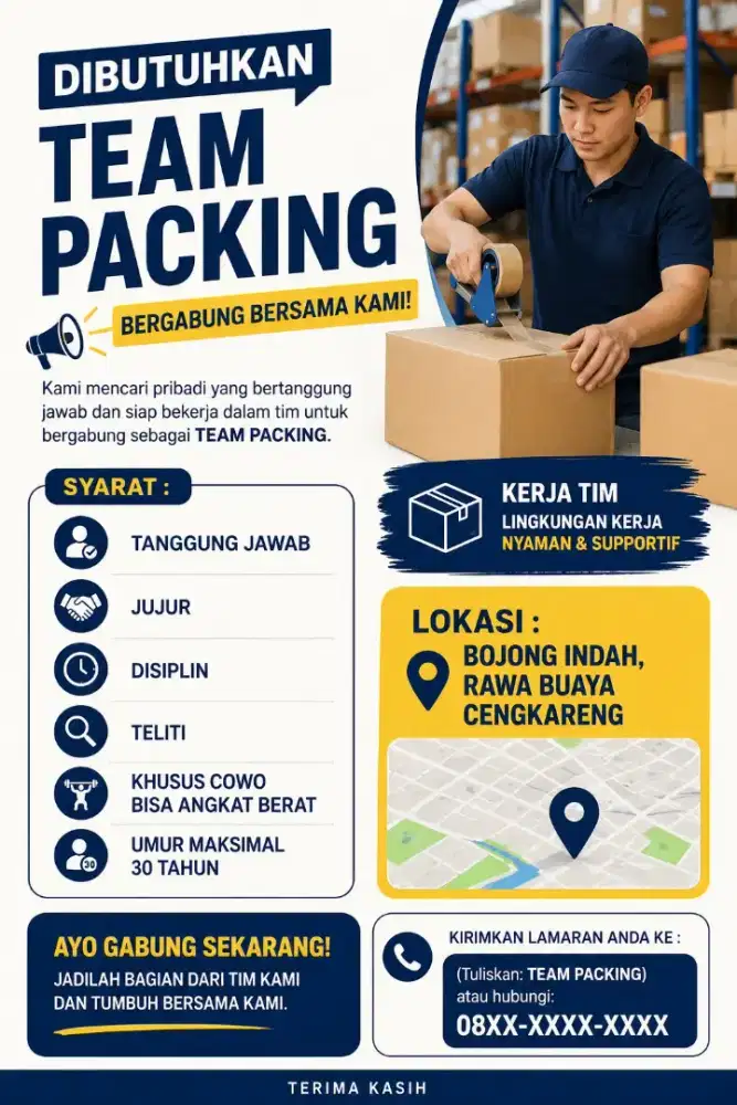 DIBUTUHKAN SEGERA TEAM PACKING PRIA BOJONG RAYA CENGKARENG