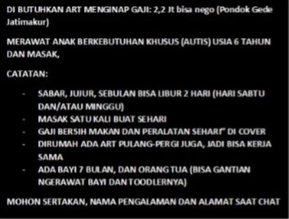 Di Butuhkan ART Menginap