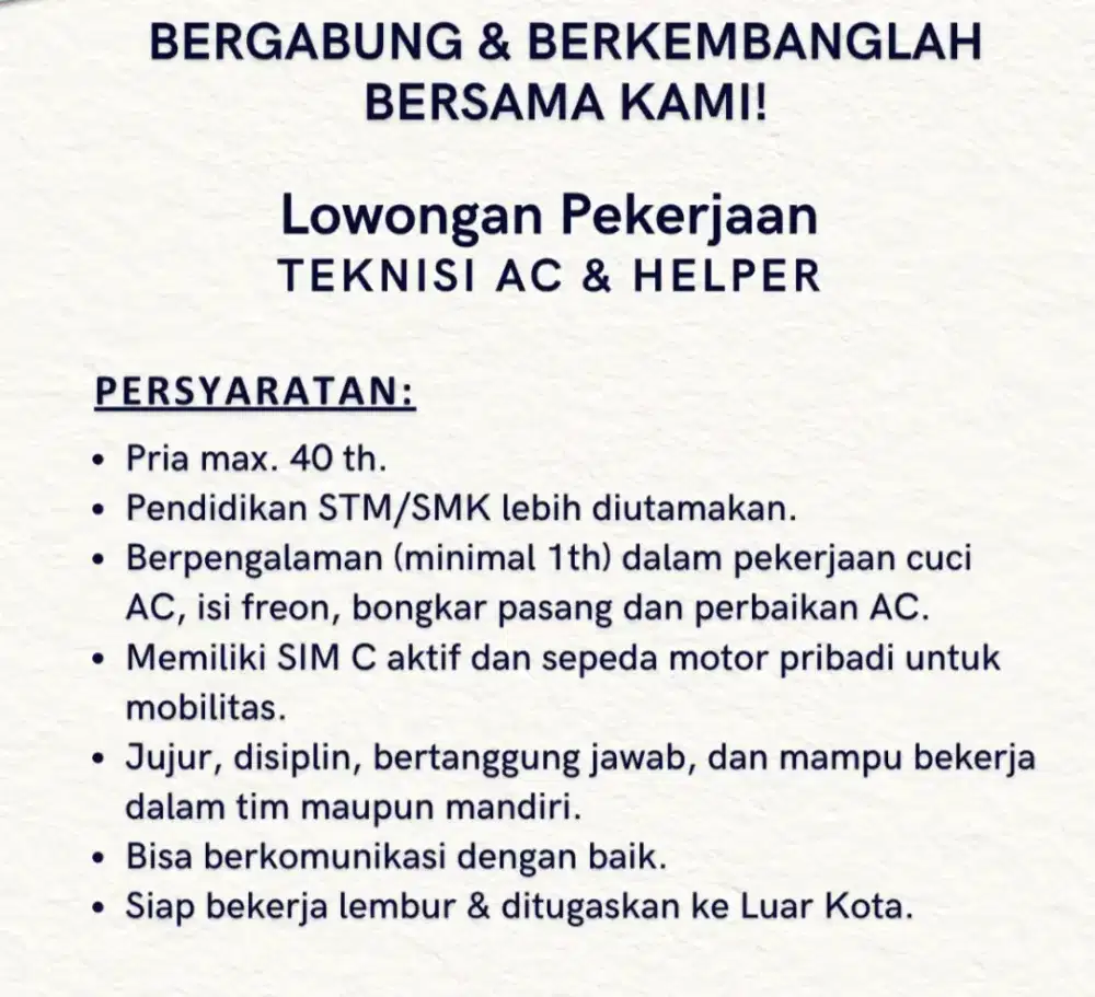 Teknisi AC & Helper Teknisi AC