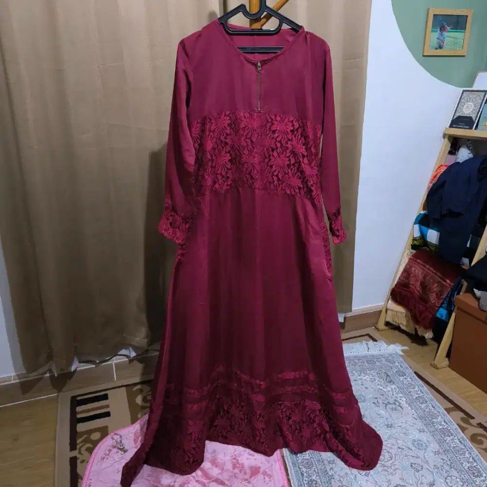 Gamis Abaya Pesta Merah Marun Dress PL