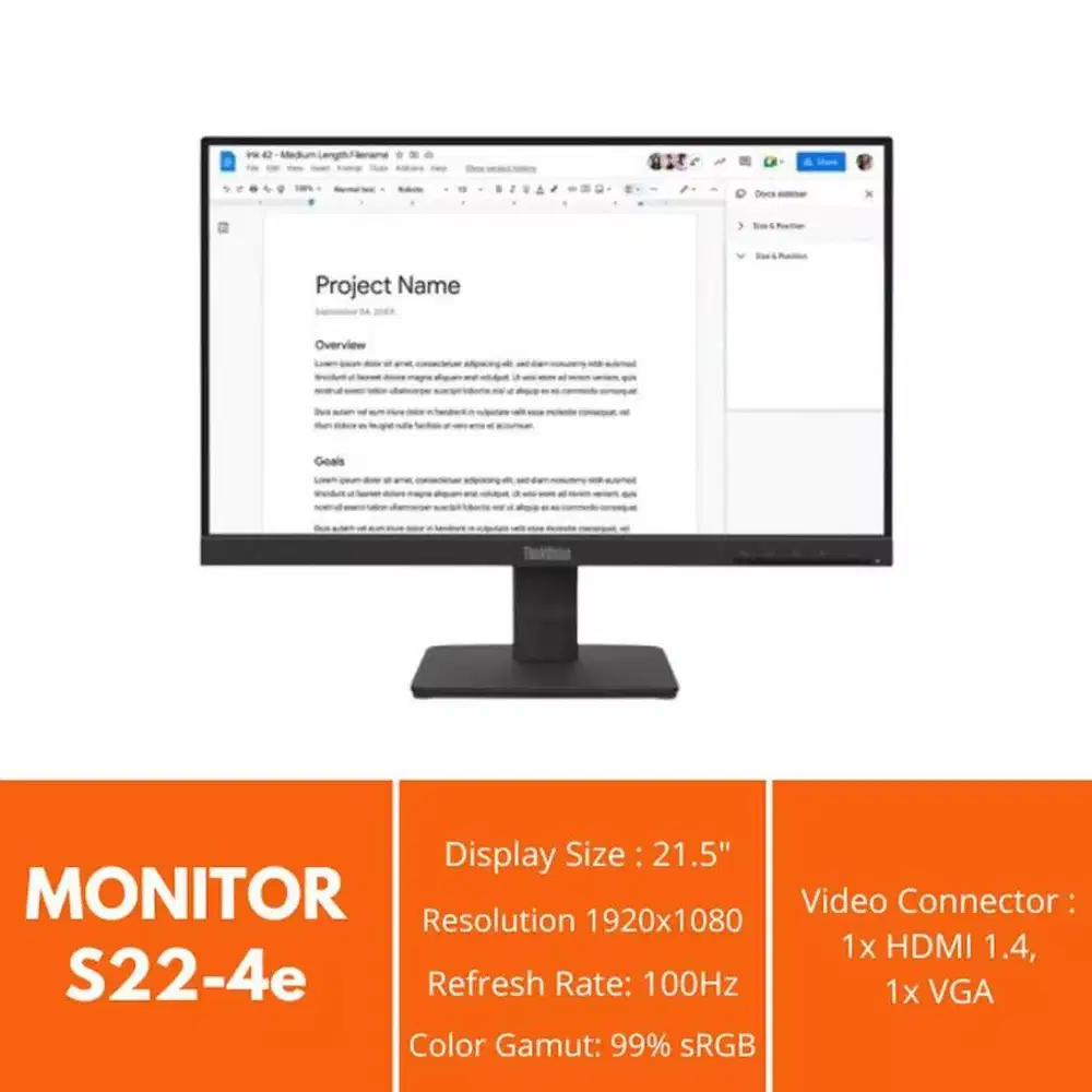 LENOVO ThinkVision S22-4e 21.5 IPS 1920x1080 FHD 100Hz