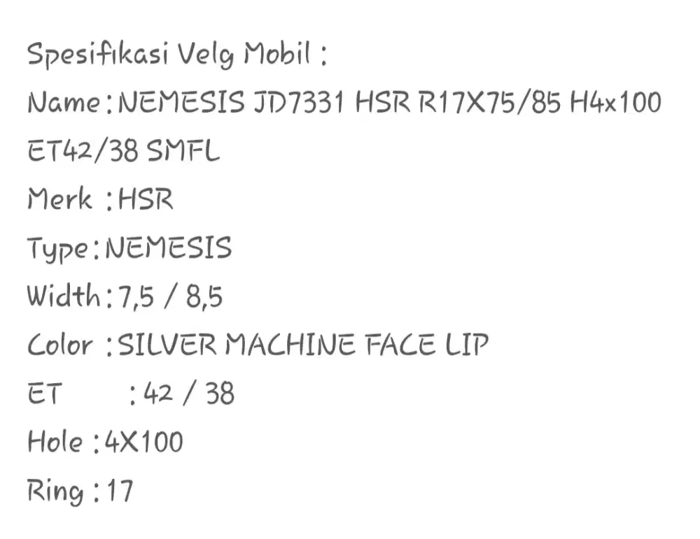 Jual pelek celong HSR Nemesis ring 17  H 4×100 ET 42/38