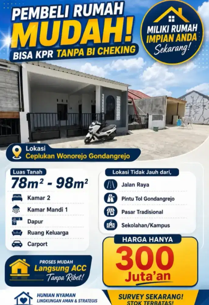 Rumah Baru Dekat Solo,Bisa KPR Non Bi Cheking,Ceplukan Wonorejo KRA