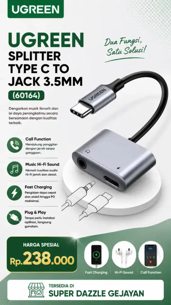 UGREEN SPLITTER TYPE C TO JACK 3.5MM (60164)