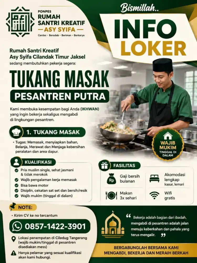 LOKER TUKANG MASAK PESANTREN PUTRA (PRIA)