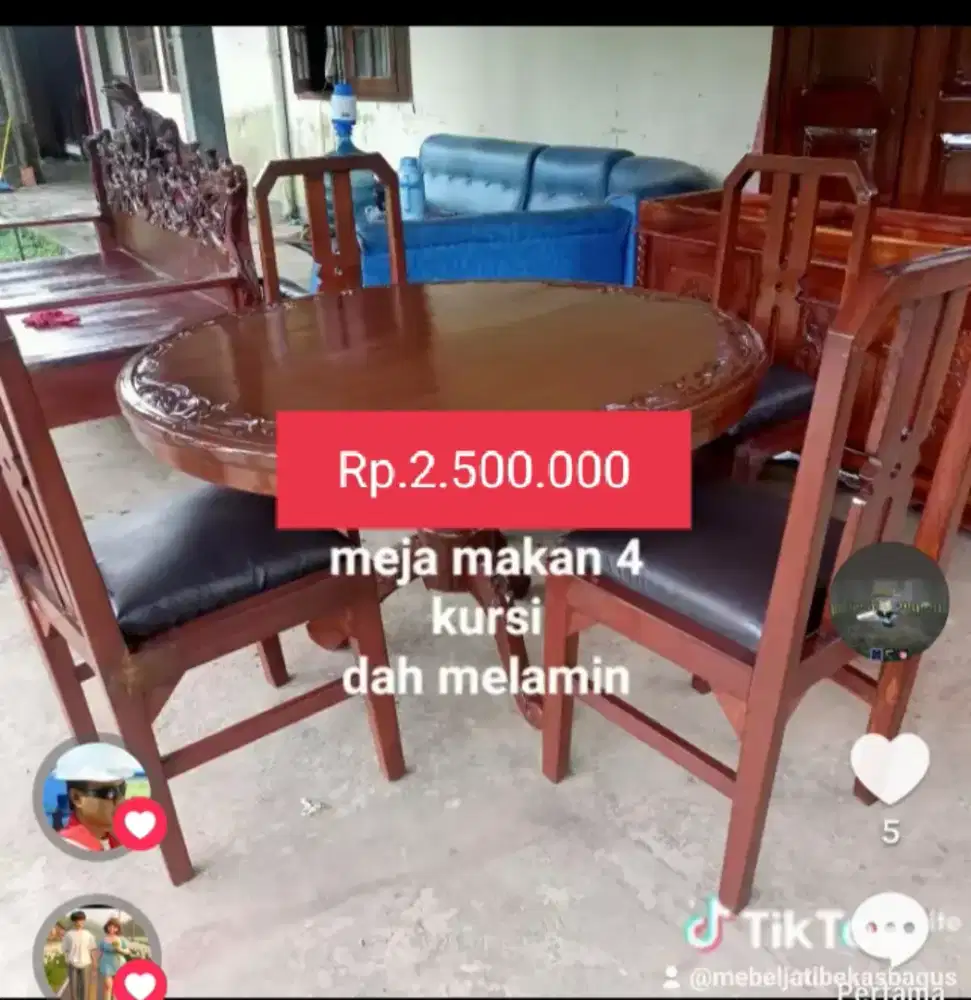 Meja makan jati bulat bundar antik tua bekas dah melamin kursi 4