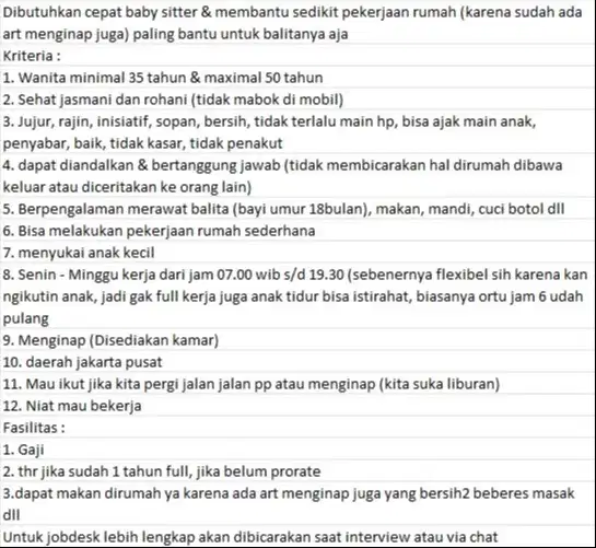 Lowongan kerja baby sitter menginap atau tidak menginap