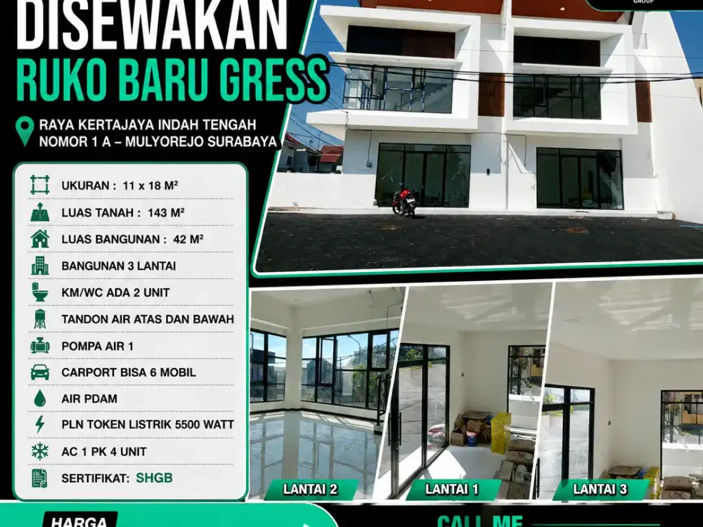 POSISI HOOK/POJOK!! DISEWAKAN RUKO BARU GRESS RAYA KERTAJAYA INDAH TENGAH NOMOR 1 A – MULYOREJO SURABAYA