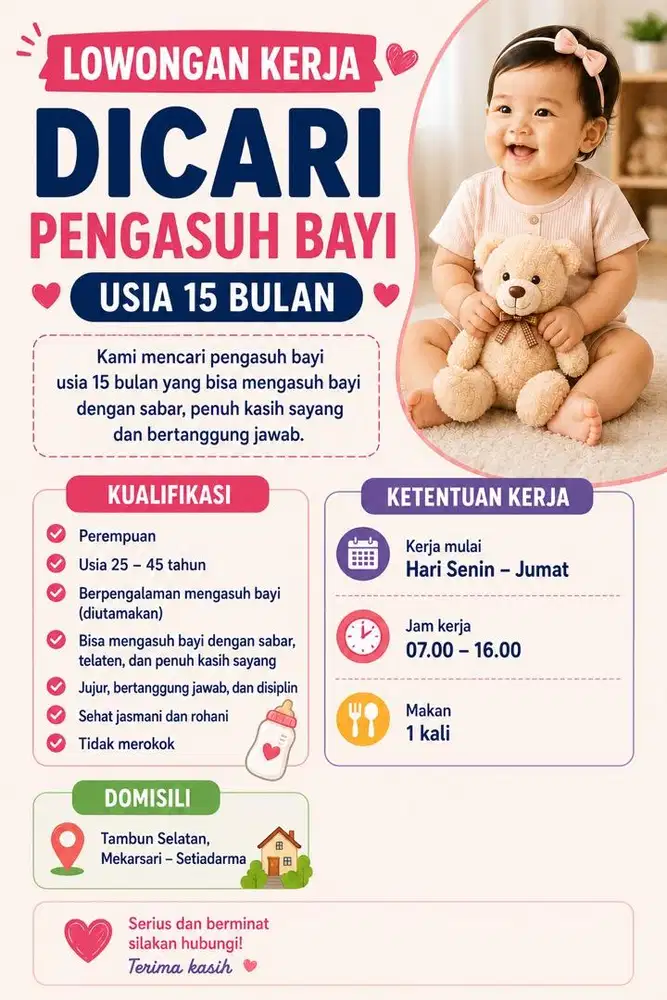 Dibutuhkan segera pengasuh bayi usia 15 bulan