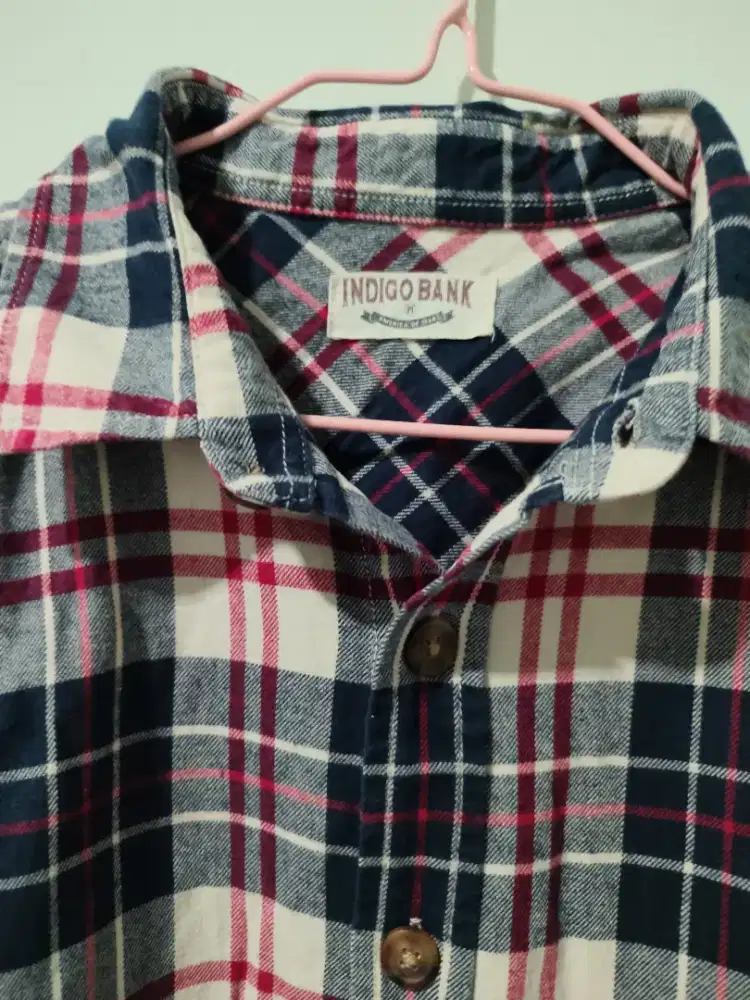 Kemeja Indigo Bank, sz M, warna kombinasi kotak-kotak bahan flanel