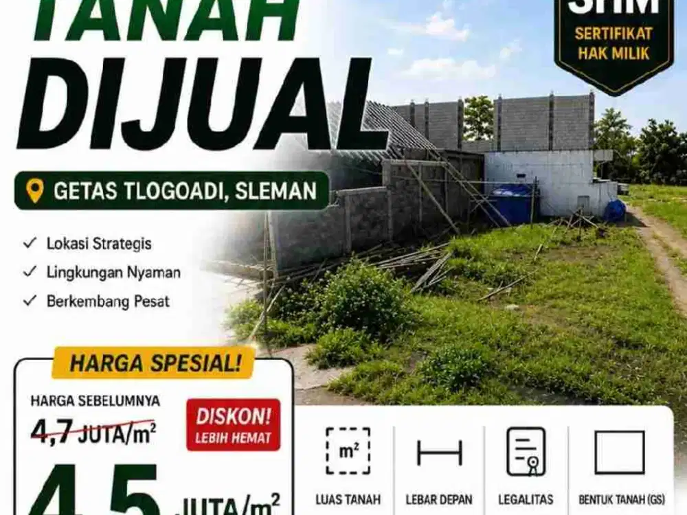 MURAH BANGET, TANAH CANTIK & STRATEGIS TEPI JALAN ASPAL DI TLOGOADI MLATI DEKAT RSA UGM