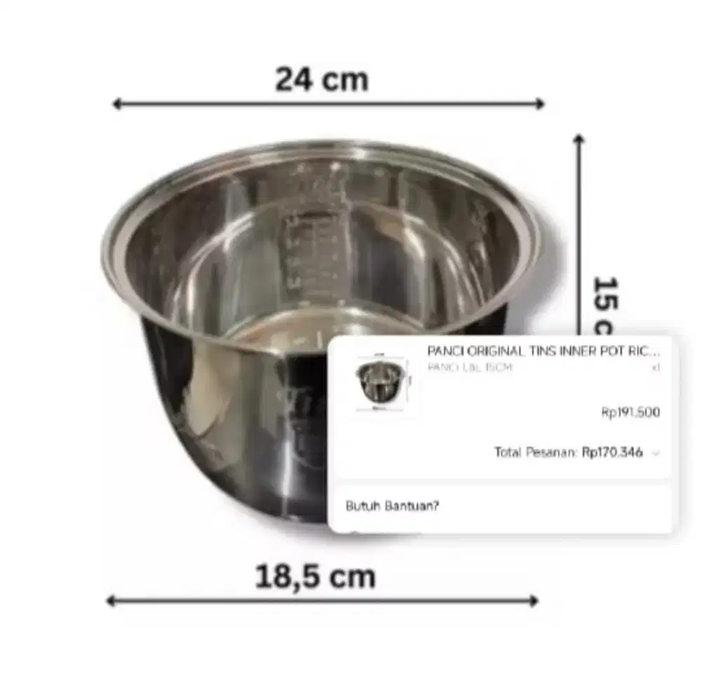 Dijual inner pot rice cooker stainless steel ukuran 24x18,5x15cm