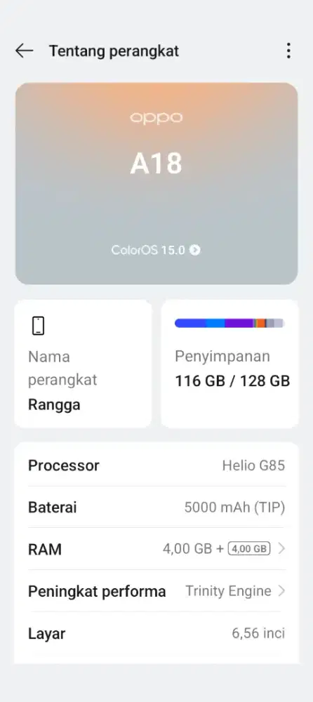 Di jual HP merk OPPO A18 4+4/128 hp casan only