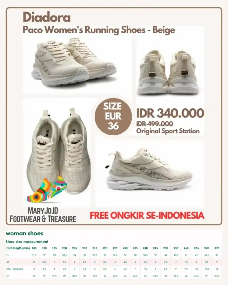 Diadora Paco Women's Running Shoes - Beige : Size 36