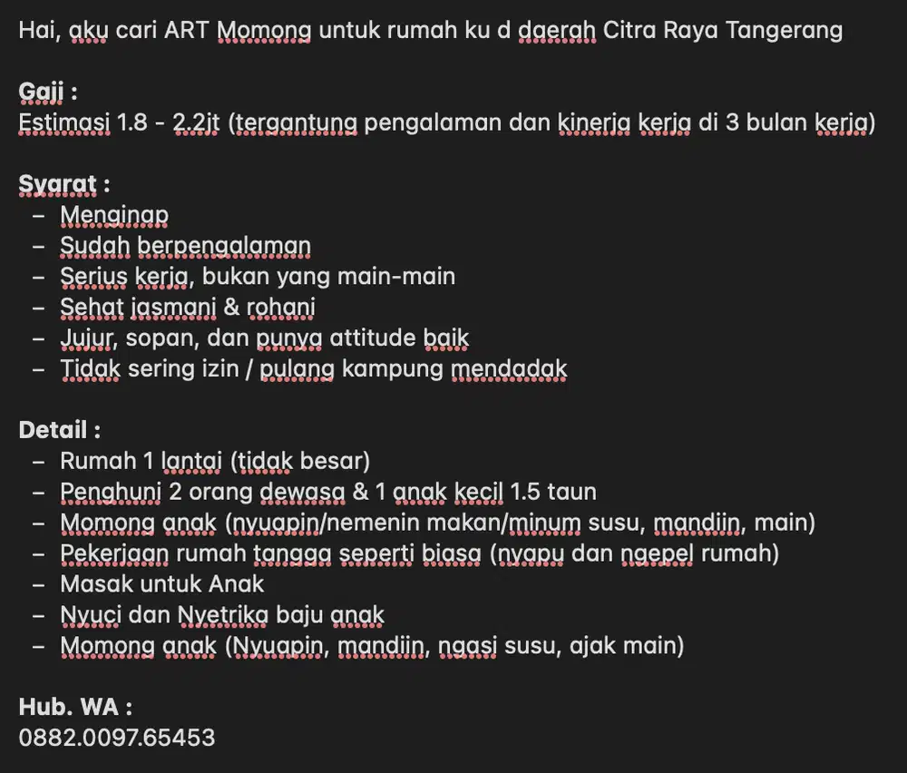 ART Momong (Menginap) Citra Raya Tangerang