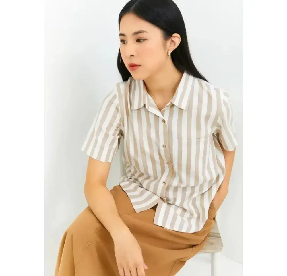 GEELA Kemeja Wanita Katun Motif Garis Coklat Putih L Fit To XL