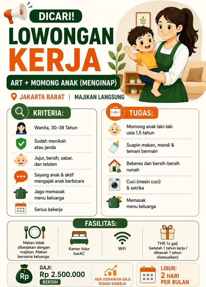 LOWONGAN KERJA ART + MOMONG ANAK (MENGINAP)