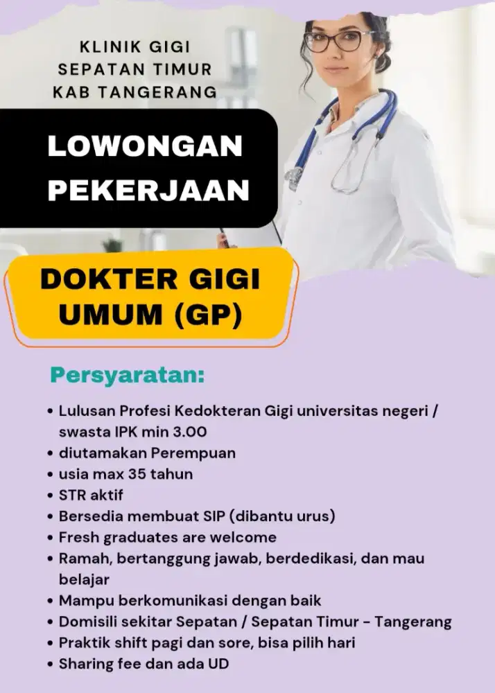 LOWONGAN DOKTER GIGI UMUM DAN PERAWAT GIGI DI SEPATAN TANGERANG