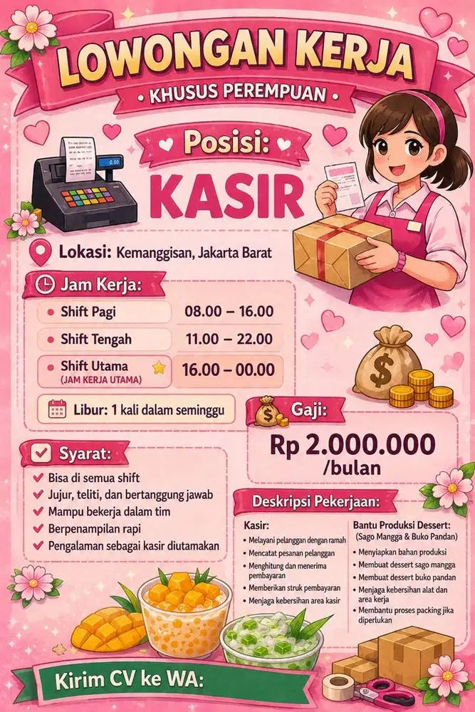 Lowongan kerja kasir dan bantu produksi dessert khusus wanita