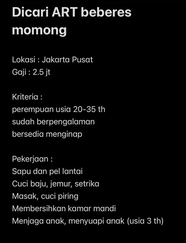 Lowongan ART beberes momong
