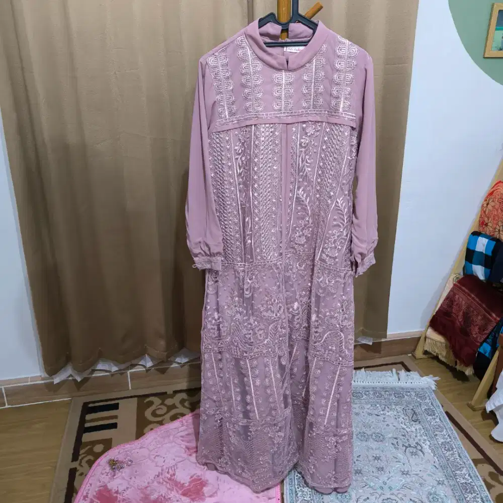 Gamis Abaya Wanita Pesta Brukat Dusty Pink Pastel PL