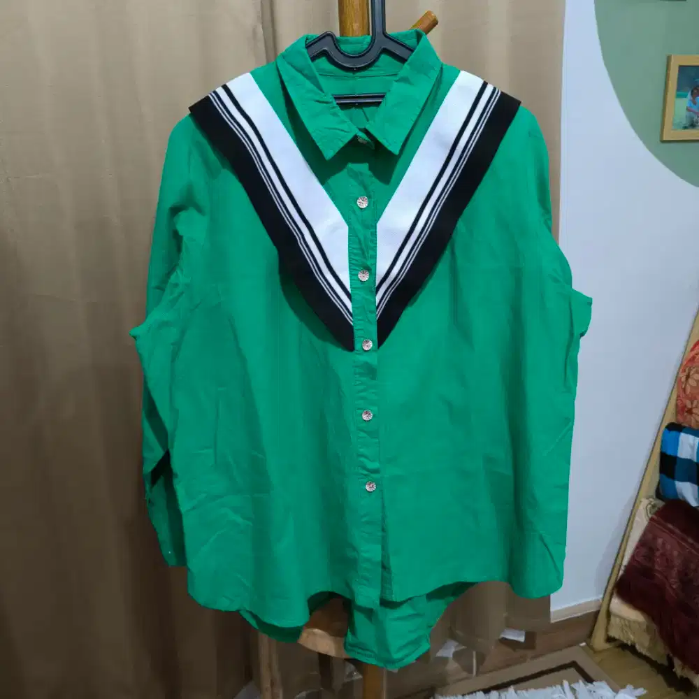 Baju Atasan Kemeja Wanita Hijau Kombinasi Rajut PL