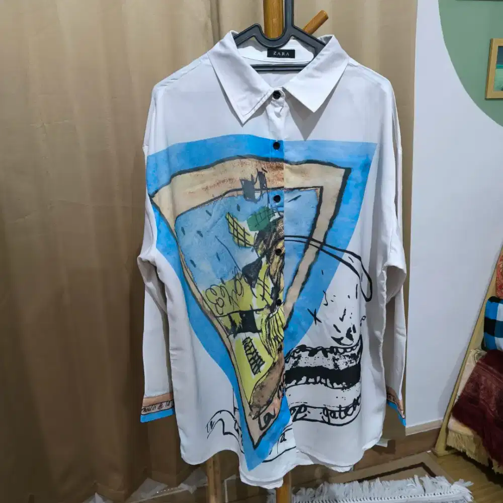 Baju Kemeja Wanita Atasan Putih Corak Abstrak PL