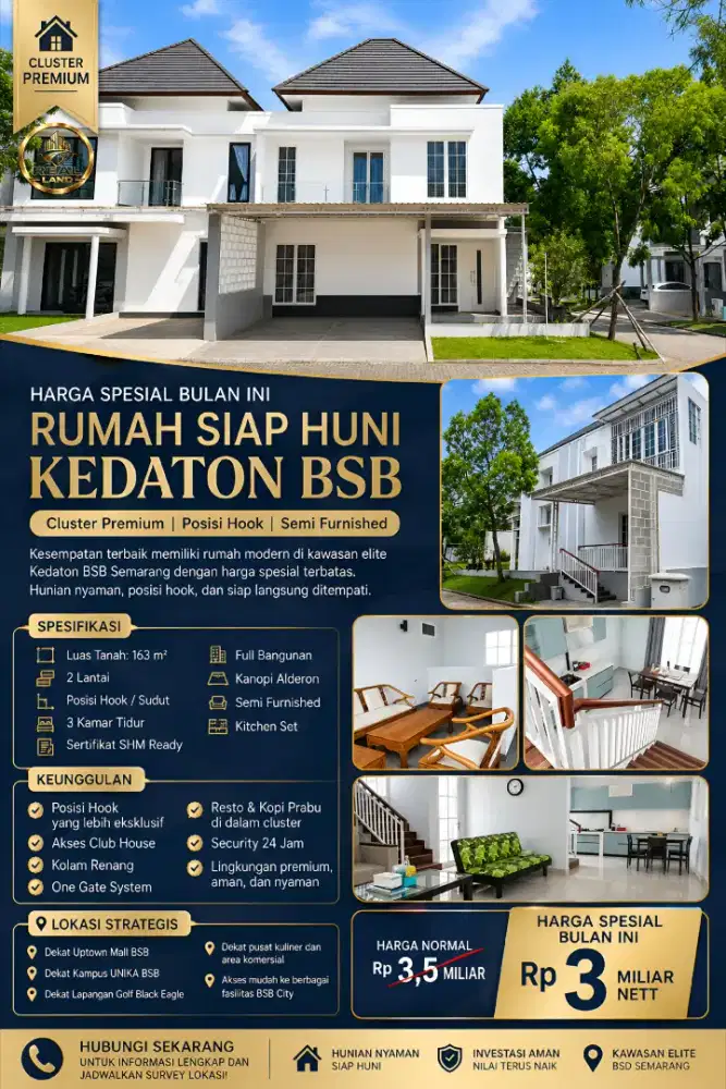 Rumah mewah hook di jual cluster KEDATON BSB SEMARANG