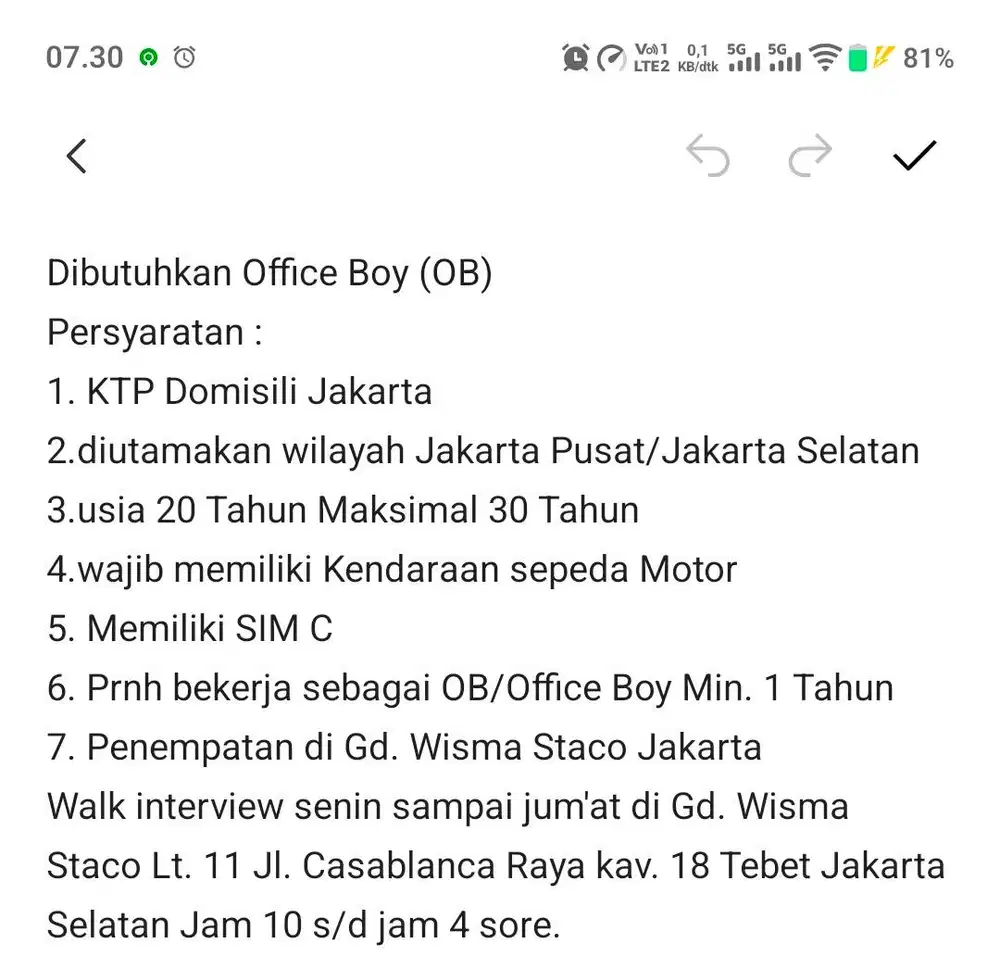 Lowongan Pekerjaan Office Boy