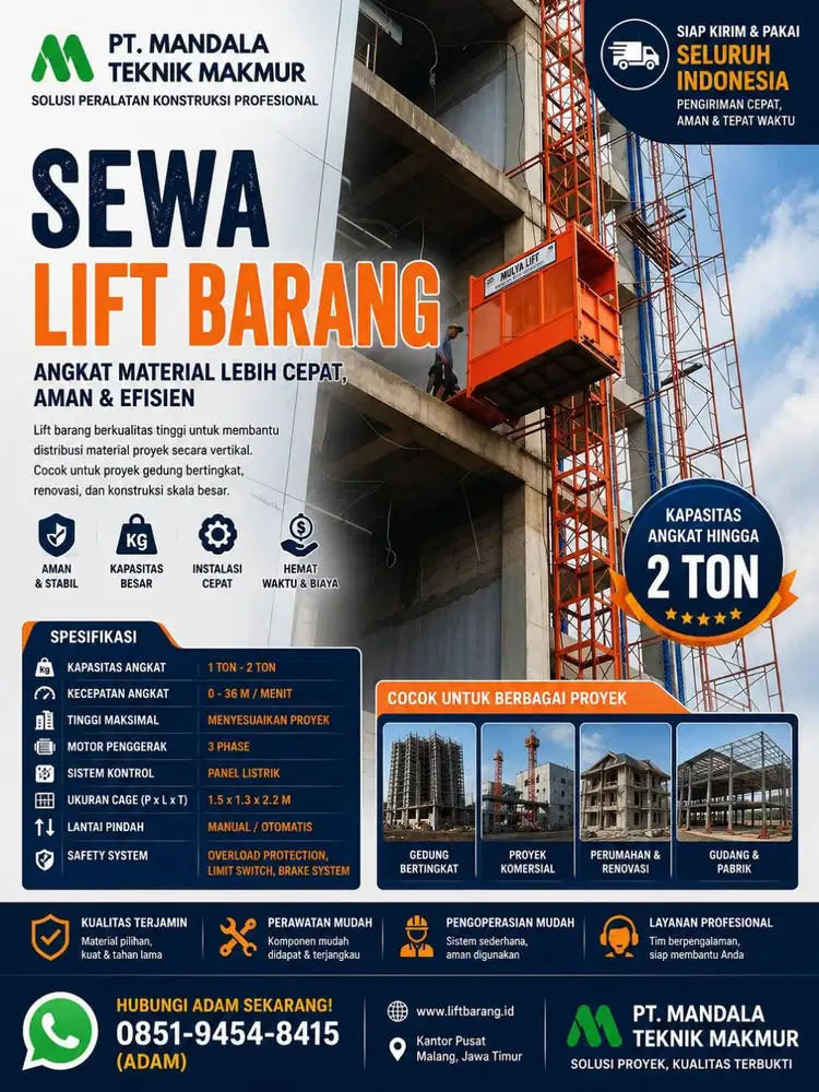 Sewa Lift Barang Gresik Manyar Jawa Timur dan Area Sekitarnya Ready