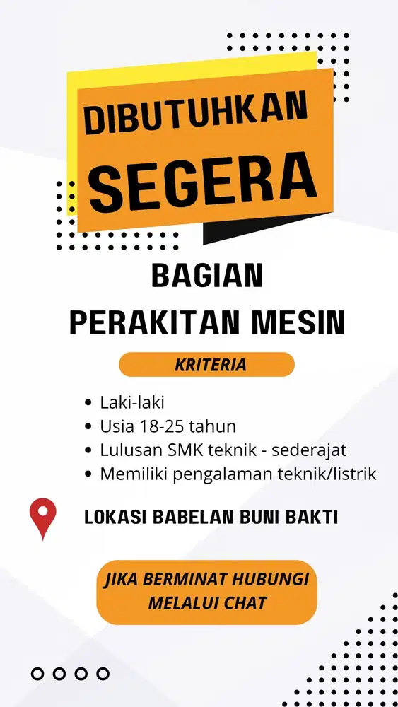 Lowongan Kerja bagian perakitan mesin lokasi babelan muar