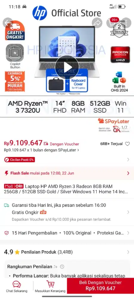 Laptop HP AMD Ryzen 3 Radeon 8GB RAM 256GB / 512GB