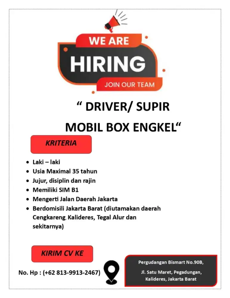 Dibutuhkan Segera Lowongan Kerja Driver Mobil Engkel