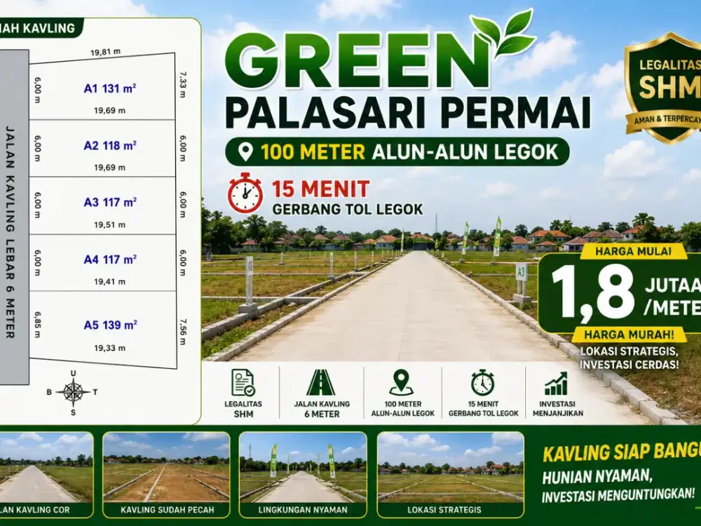 Tanah Kavling Murah Dimulai 1 Jt-an Dicicil 12x Flat 100 Meter Alun Alun Legok, SHM
