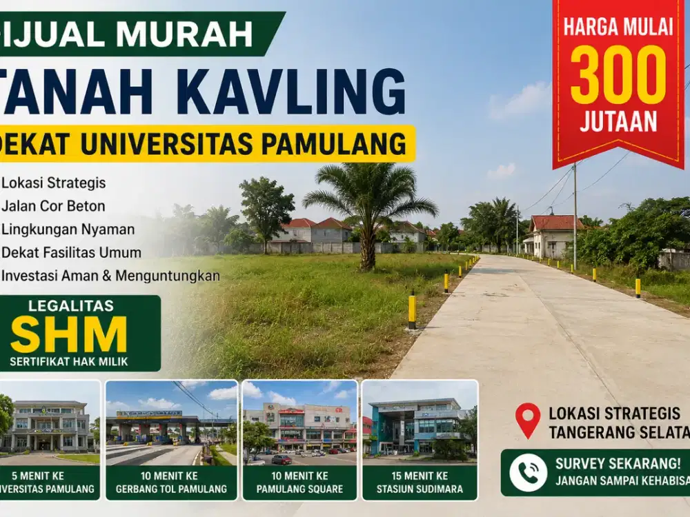 300 jt-an Tanah Kavling Murah 5 Menit Kampus UNPAM Bisa Cicil 12x Flat, SHM