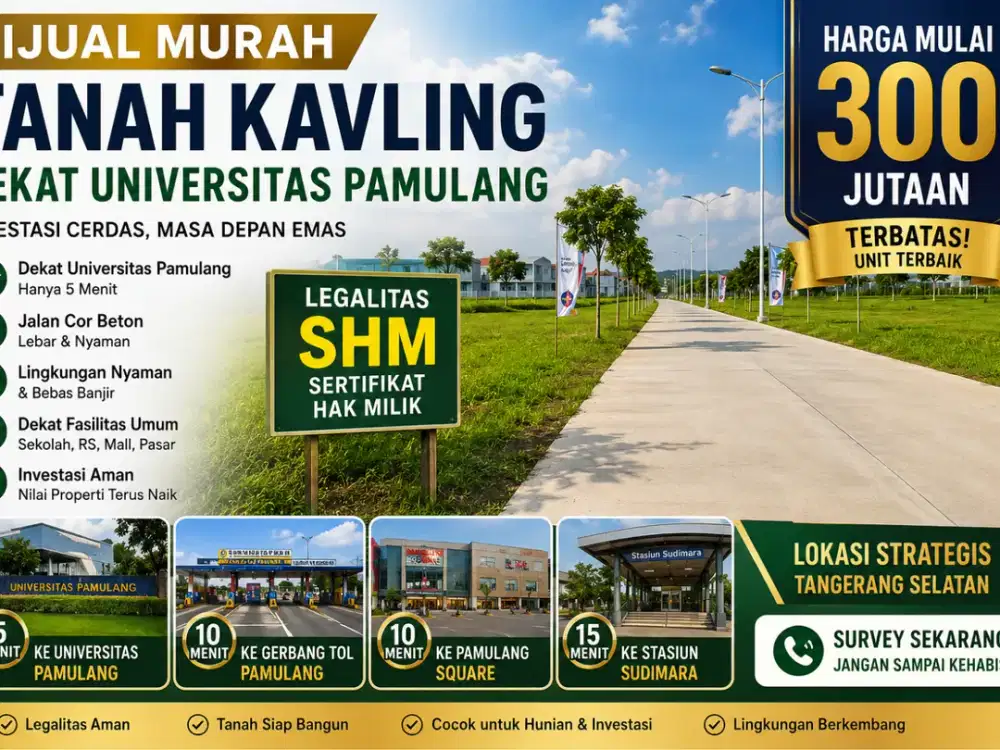 Tersisa 3 Unit Tanah Kavling Strategis 5 Menit Kampus UNPAM Dimulai 300jt-an, SHM