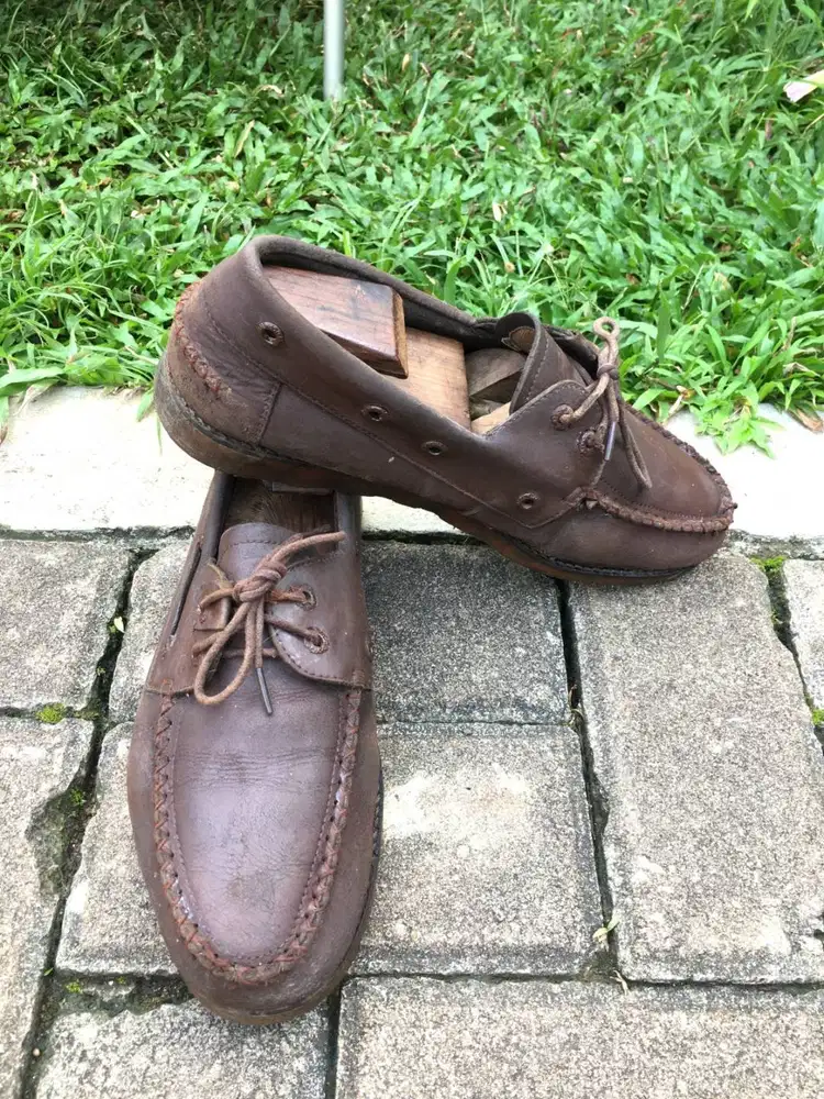 Sepatu Bradley's Boat Shoes Kulit Coklat Vintage 7/10 Jahitan Aman