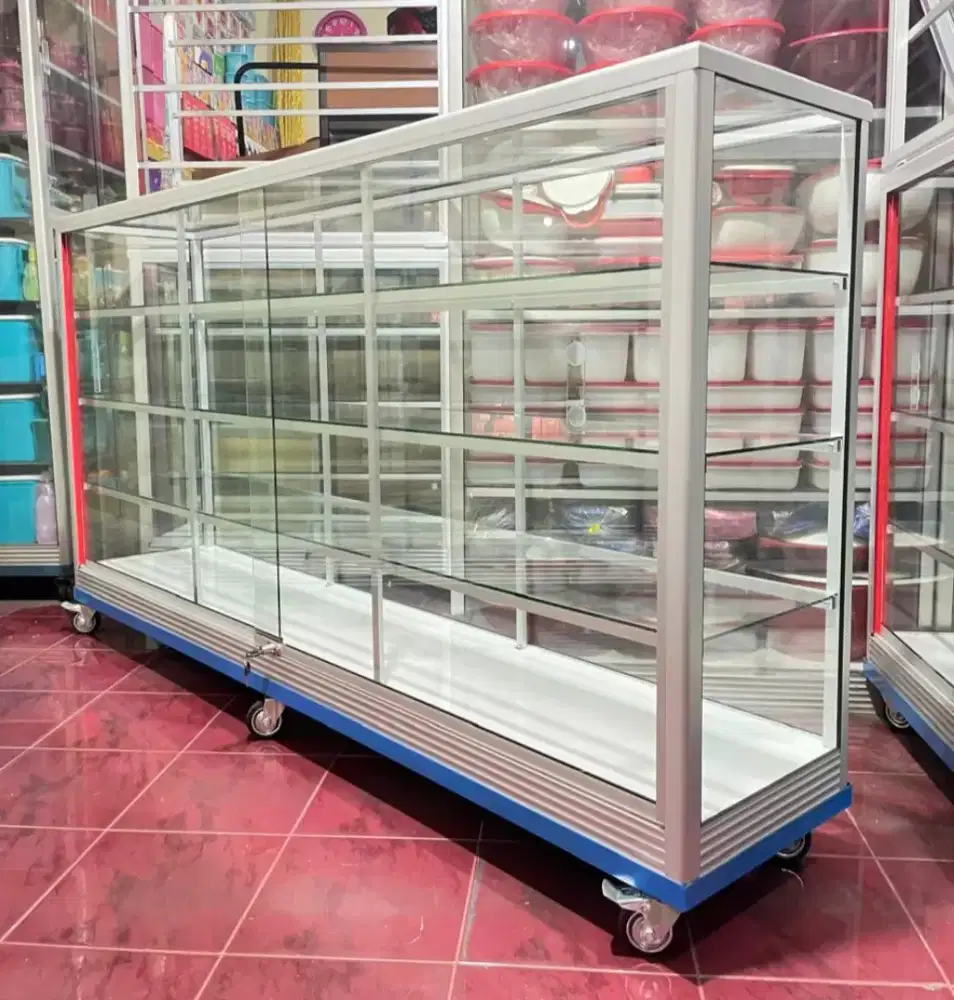 Etalase Pakai Roda Panjang 2M Kaca Full 5MM