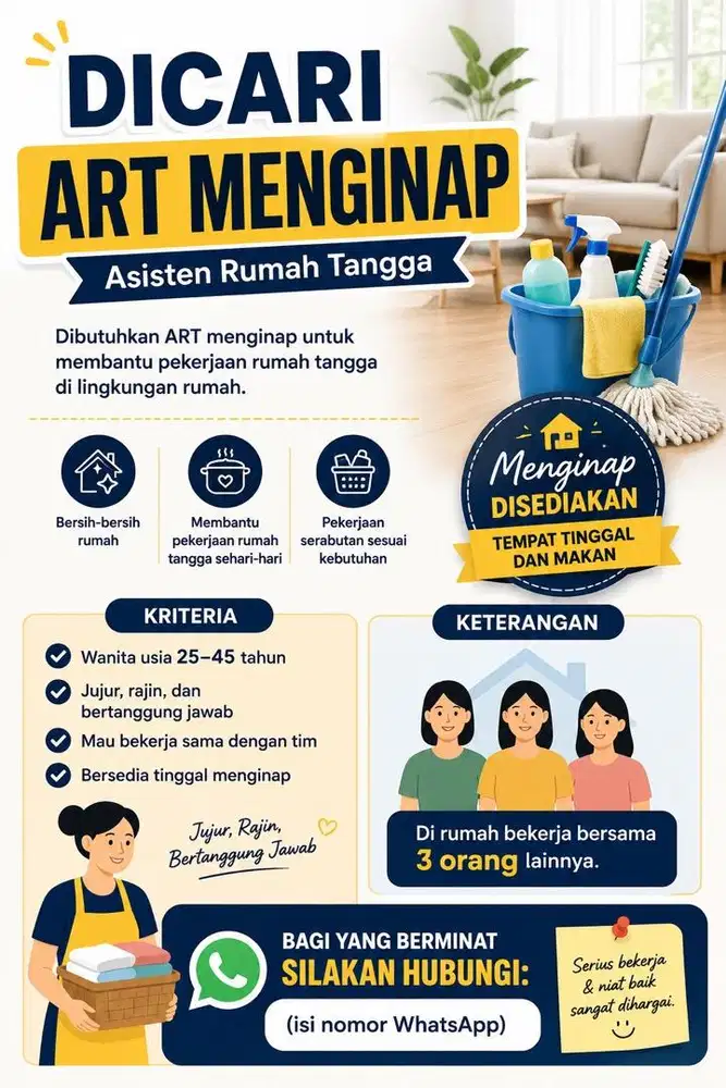 Dicari ART menginap