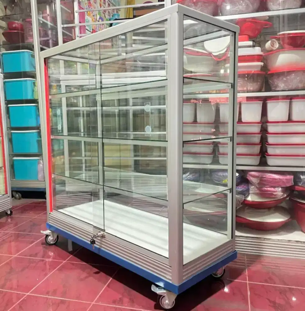 Etalase Panjang 1Mx1M Pakai RODA BESAR & Kunci